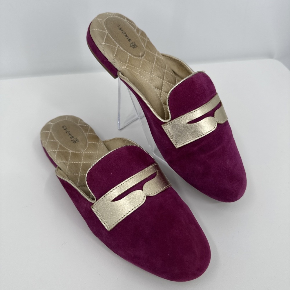 Birdies Phoebe Berry Magenta Suede Gold Slides‎ Slippers Womens Size 8